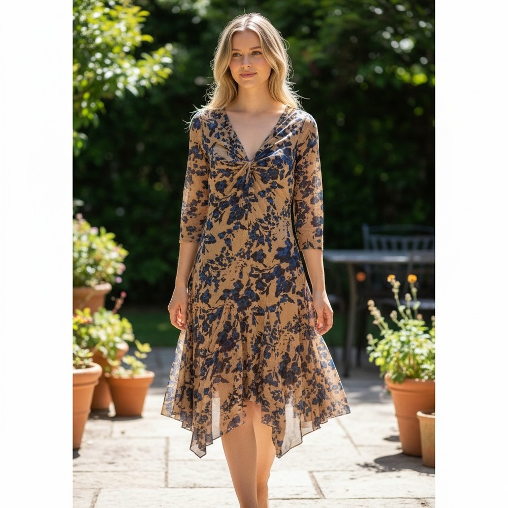 Weston Floral Mesh Twist Front Midi Dress Sz S Handkerchief Romantic Fairy